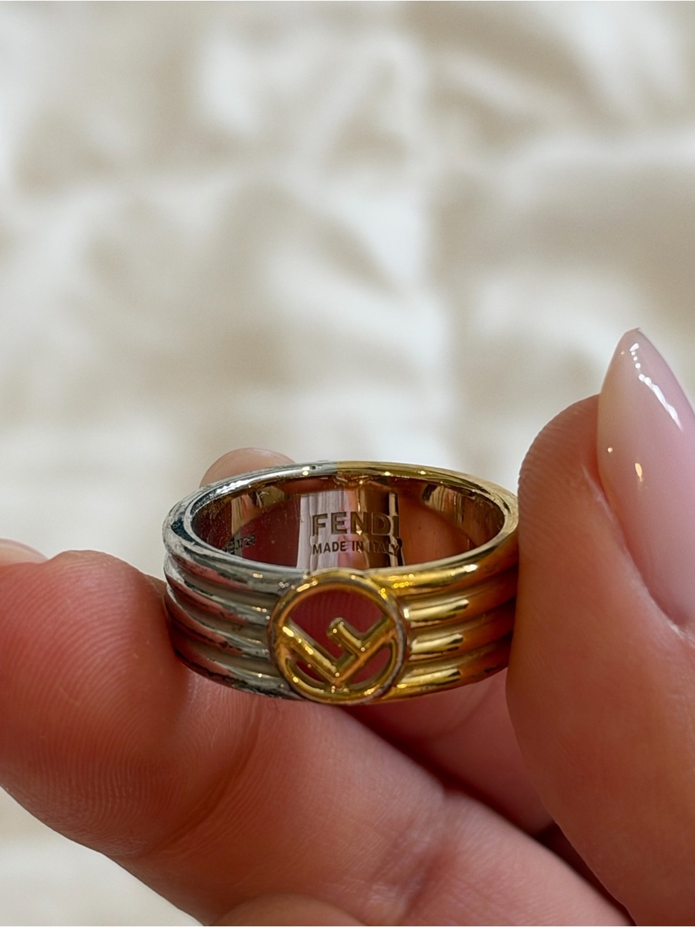 Fendi Two-Tone Gold & Silver Signature Logo Ring Size large